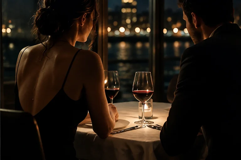 Kobieta w czarnej sukience i mężczyzna siedzą przy stoliku z winem w nocnej restauracji.