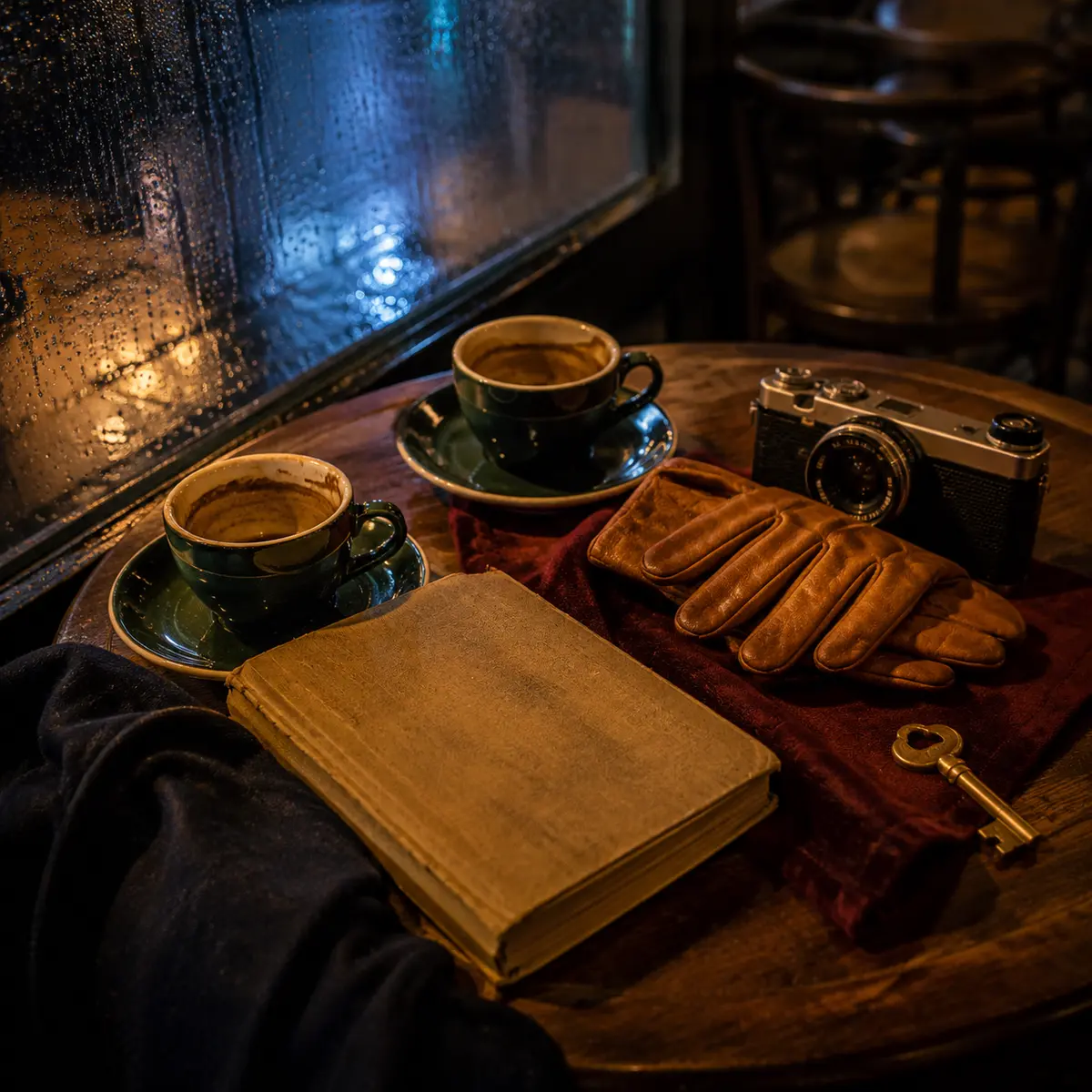 Dwie filiżanki, stary notes, aparat i mosiężny klucz na stoliku w kawiarni.